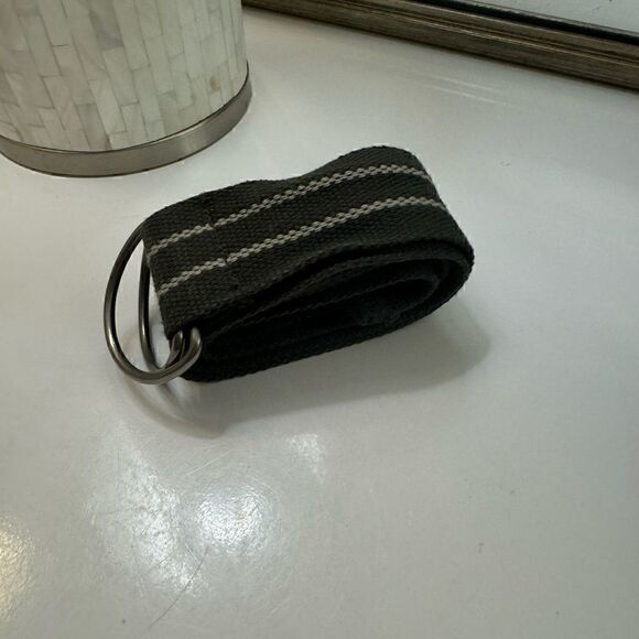 Army Green & Cream Canvas Striped Woven Double D Ring Belt - Picture 3 of 8